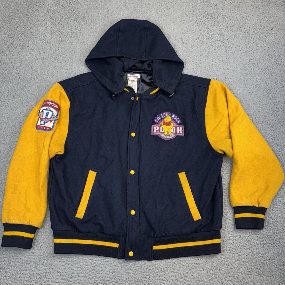 Vtg Disney Winnie The Pooh Varsity Jacket Blue Yellow Wool 100 Acre Wood - Large